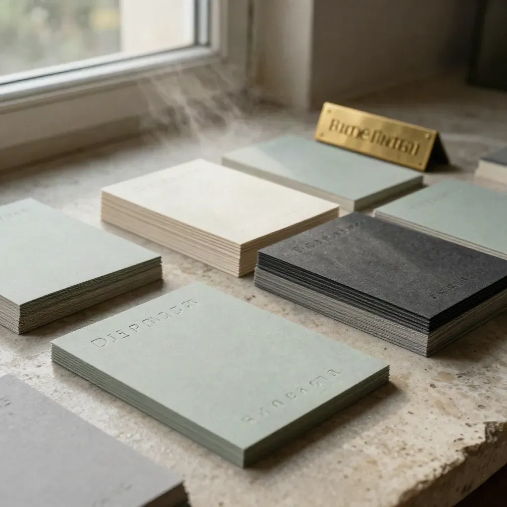 Brass logo plaque with embossed cards, brochures and swatches in rainy morning light