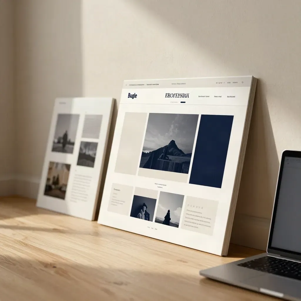Website layout boards and a closed navy laptop in a warm studio by window light