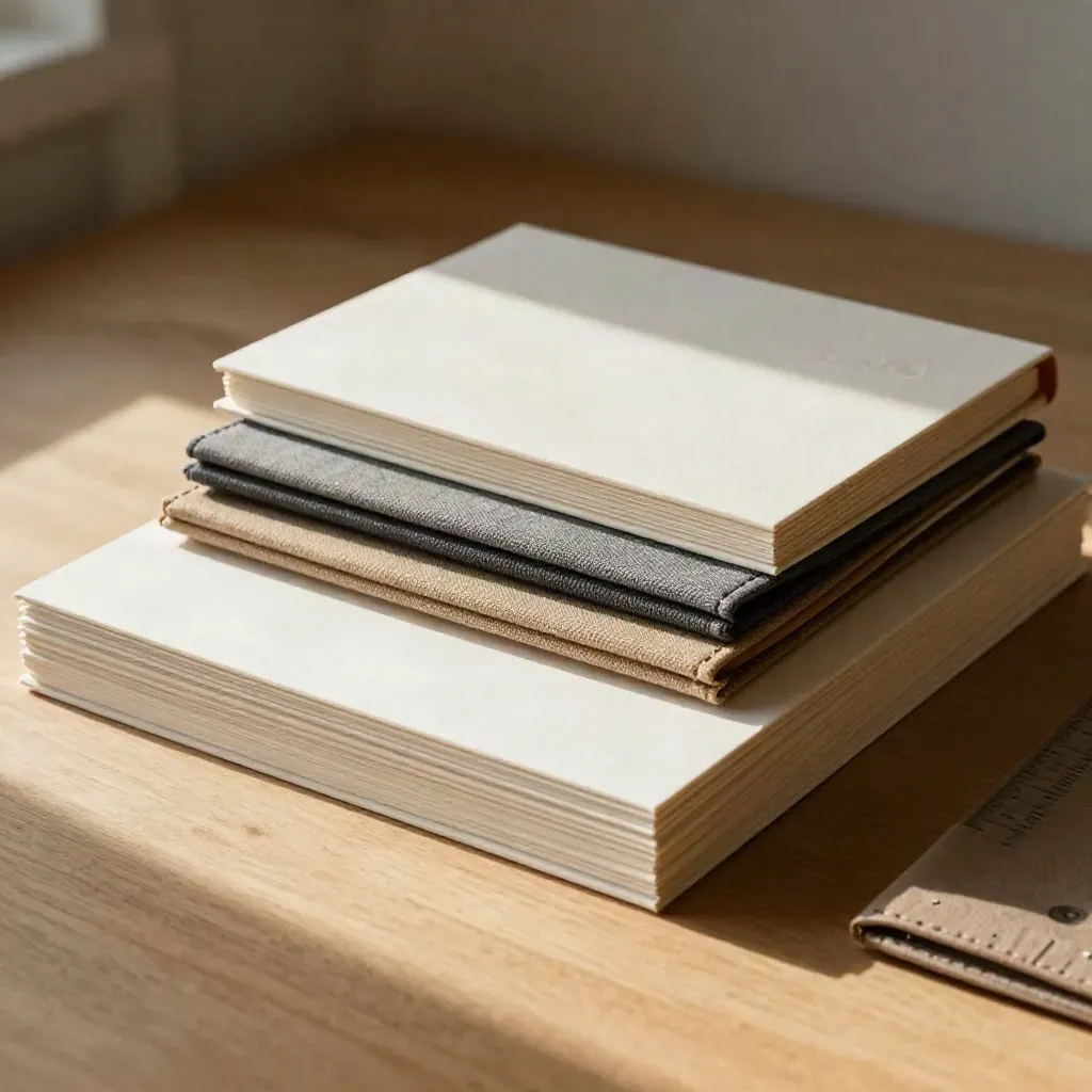Ivory stationery, sample book and rulebook case on pale wood in warm window light.