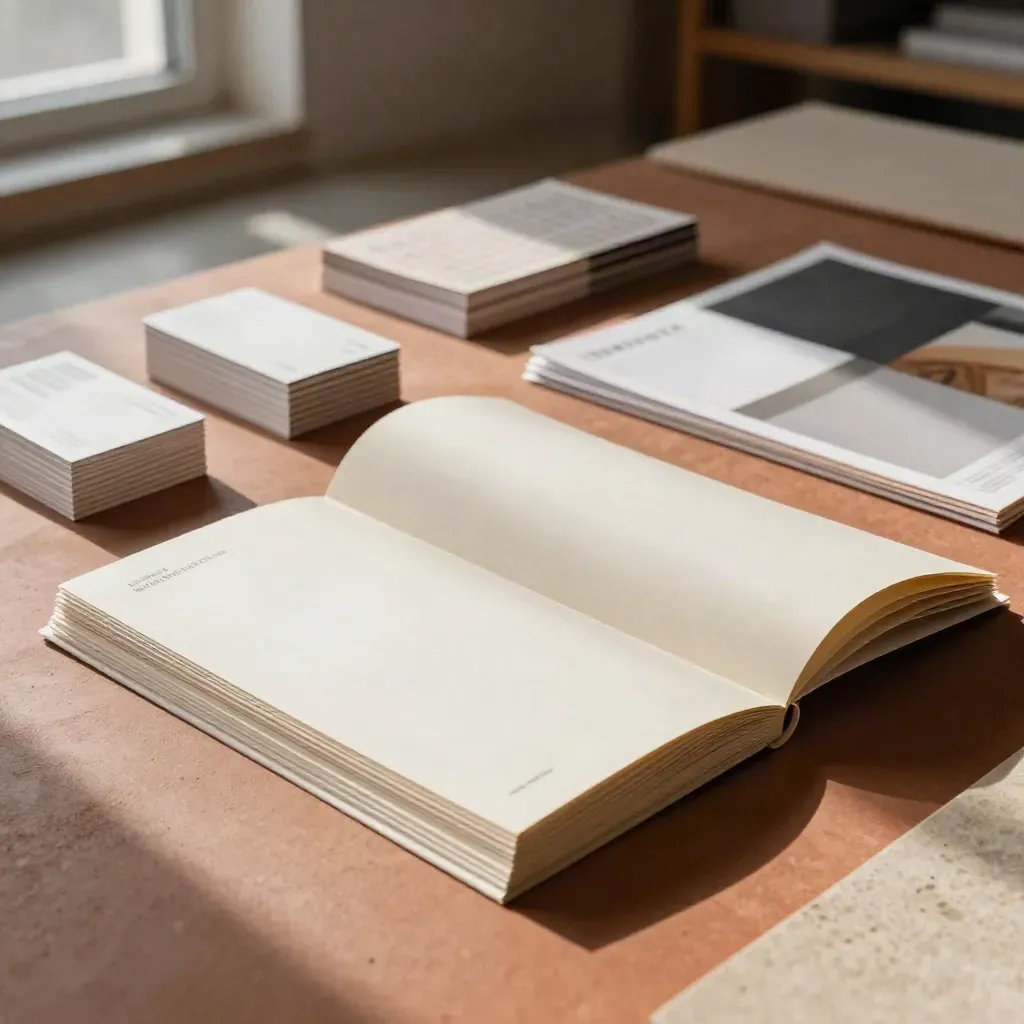 Low-angle macro of brochure mockups, card stacks, flyer sheets, and paper samples on a print bench.
