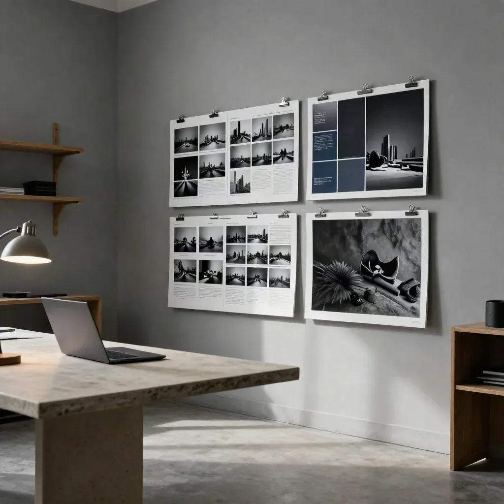 Mounted website art boards and a glowing task lamp in a refined studio corner.