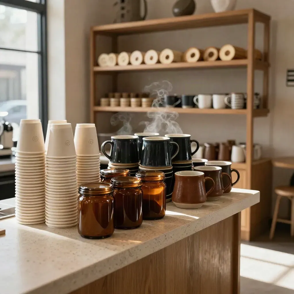 Refreshed coffee counter with sleeves, jars, mugs, and oak shelving in warm light.