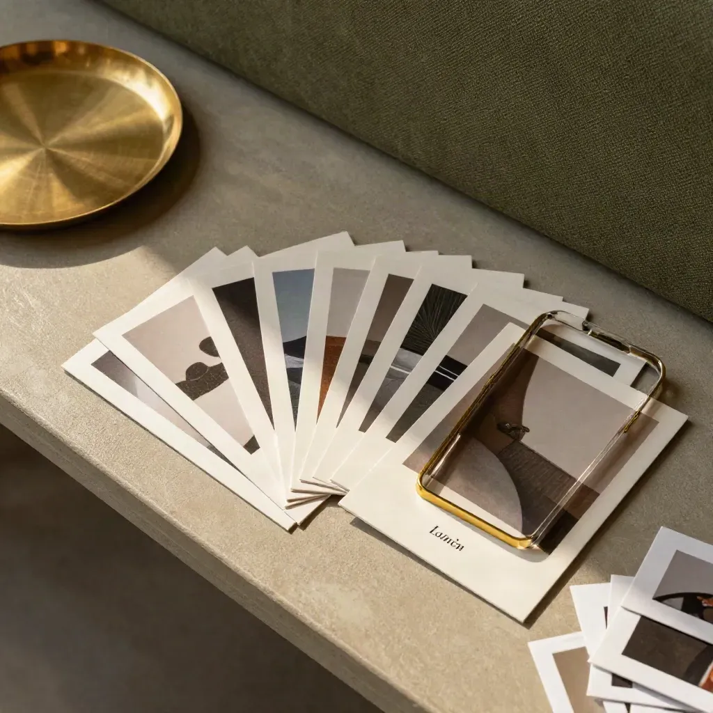 Overhead social media kit cards fanned on a khaki studio surface with brass and clear acrylic accents.