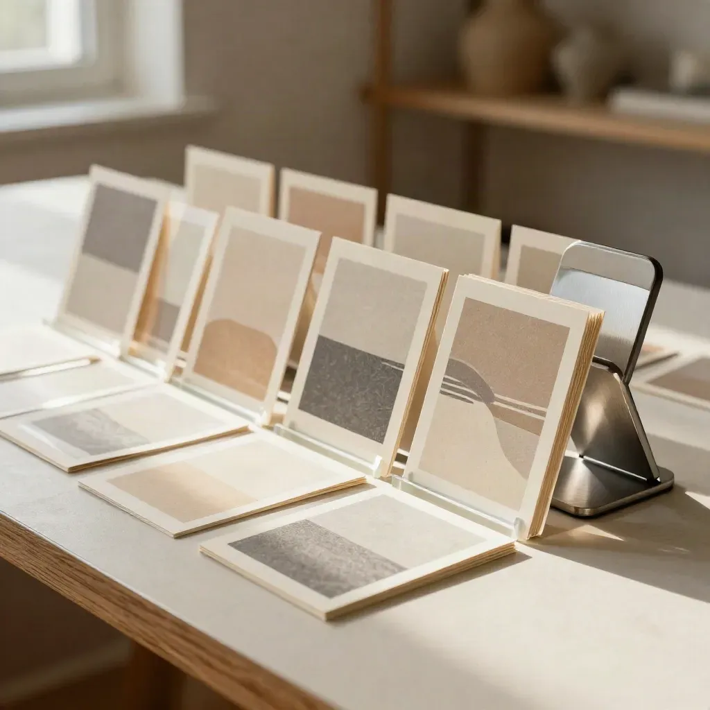 Fan of social template cards, acrylic blocks, and a steel phone stand on warm plaster.
