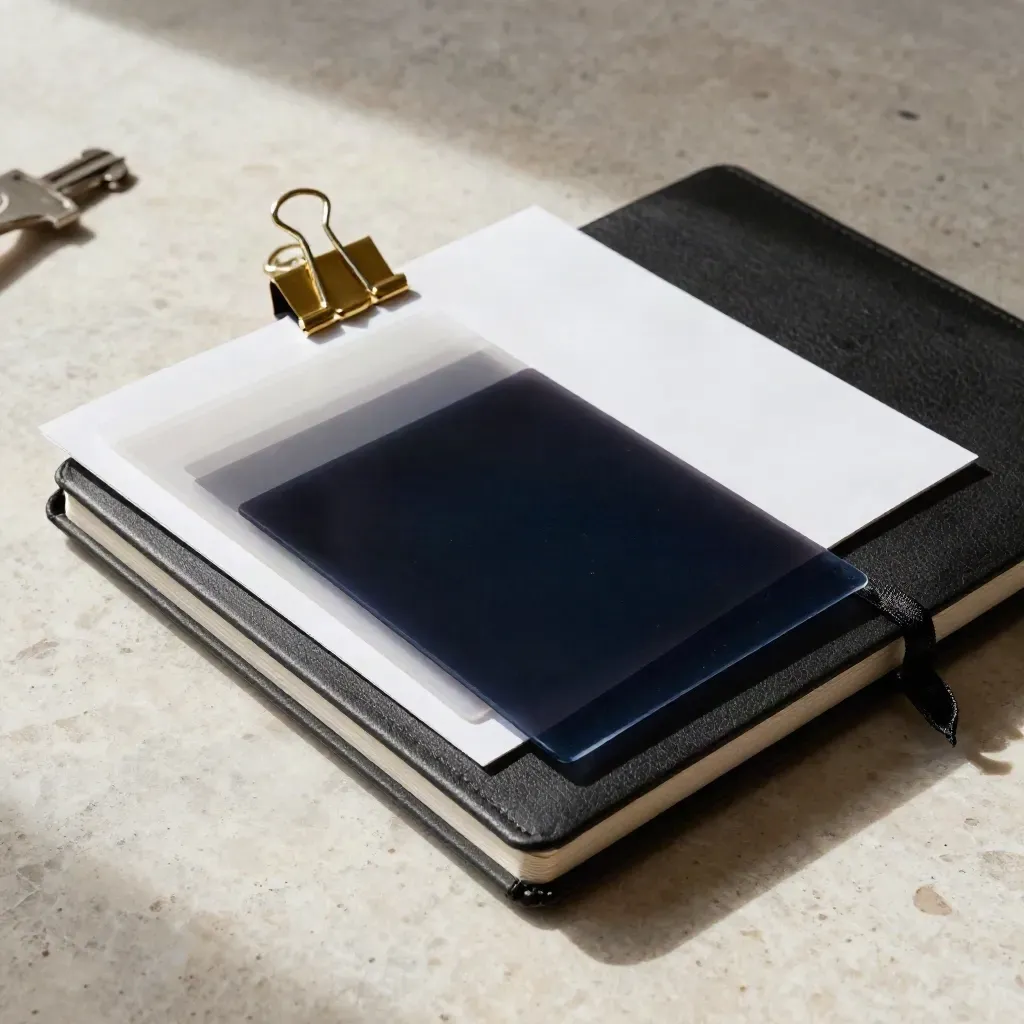 Acetate overlays, brass clips, and a black notebook on travertine in dramatic studio light.