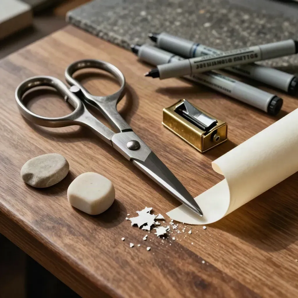 Macro of scissors cutting ivory stock beside brass corner-rounder, markers and eraser crumbs on walnut.