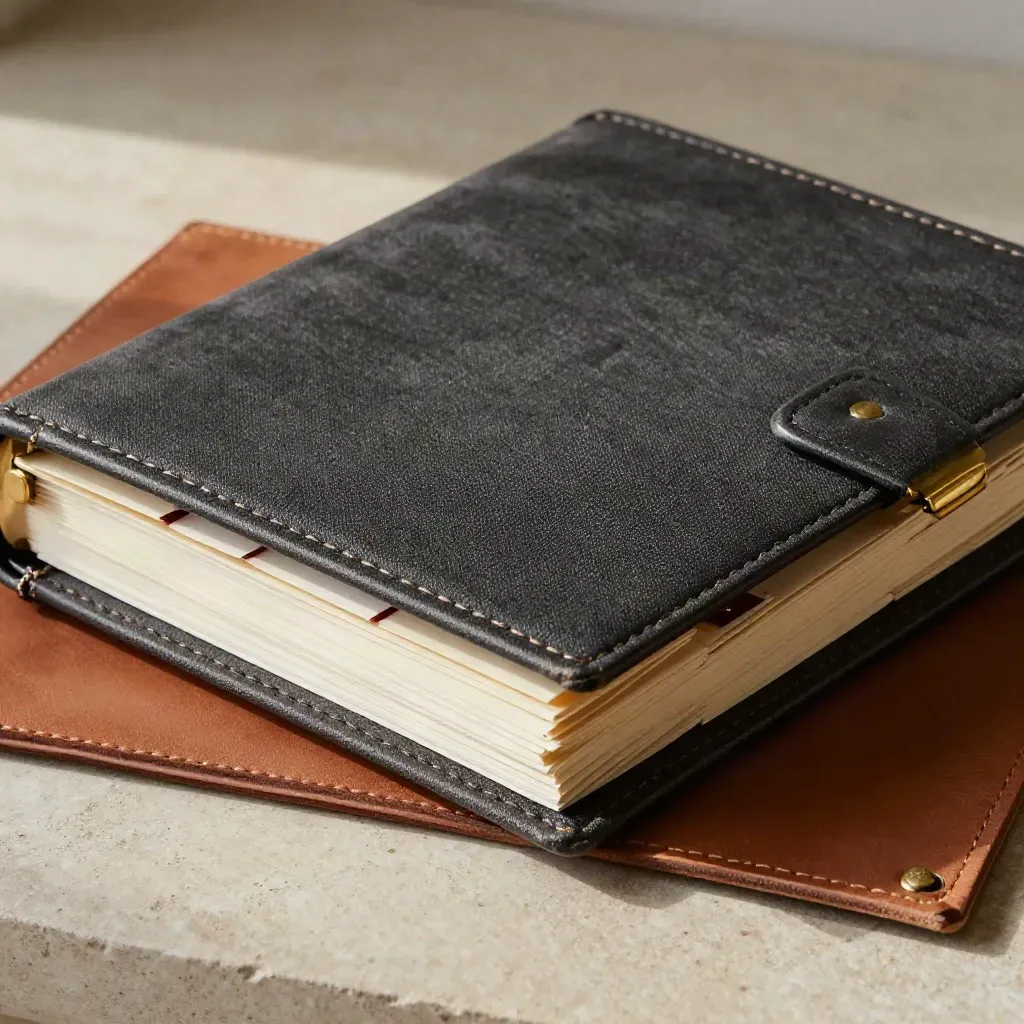 Clothbound brand guide binder with tabs, swatches, and brass clasp on pale stone.
