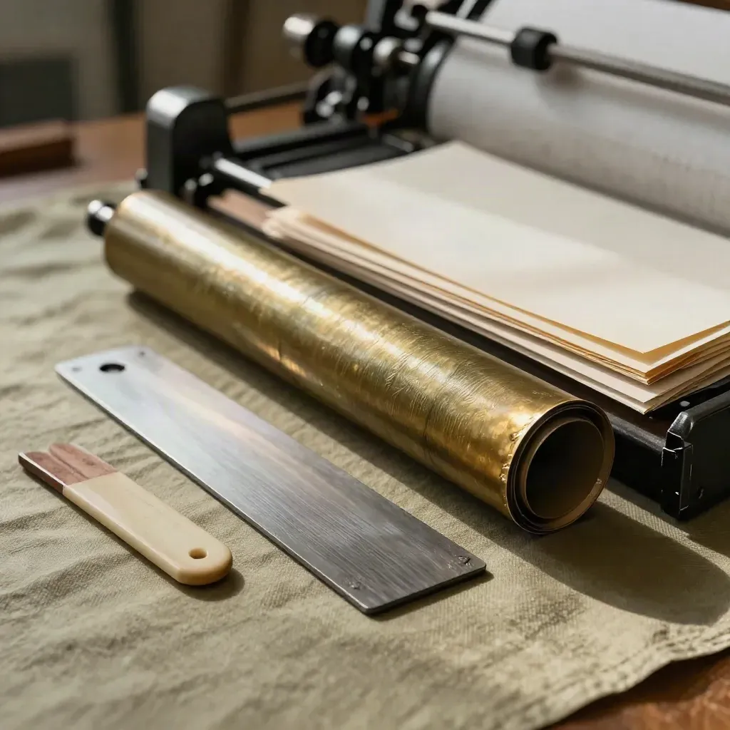 Foil rolls, embossing plate, bone folder, and deckle paper samples on a press bed.