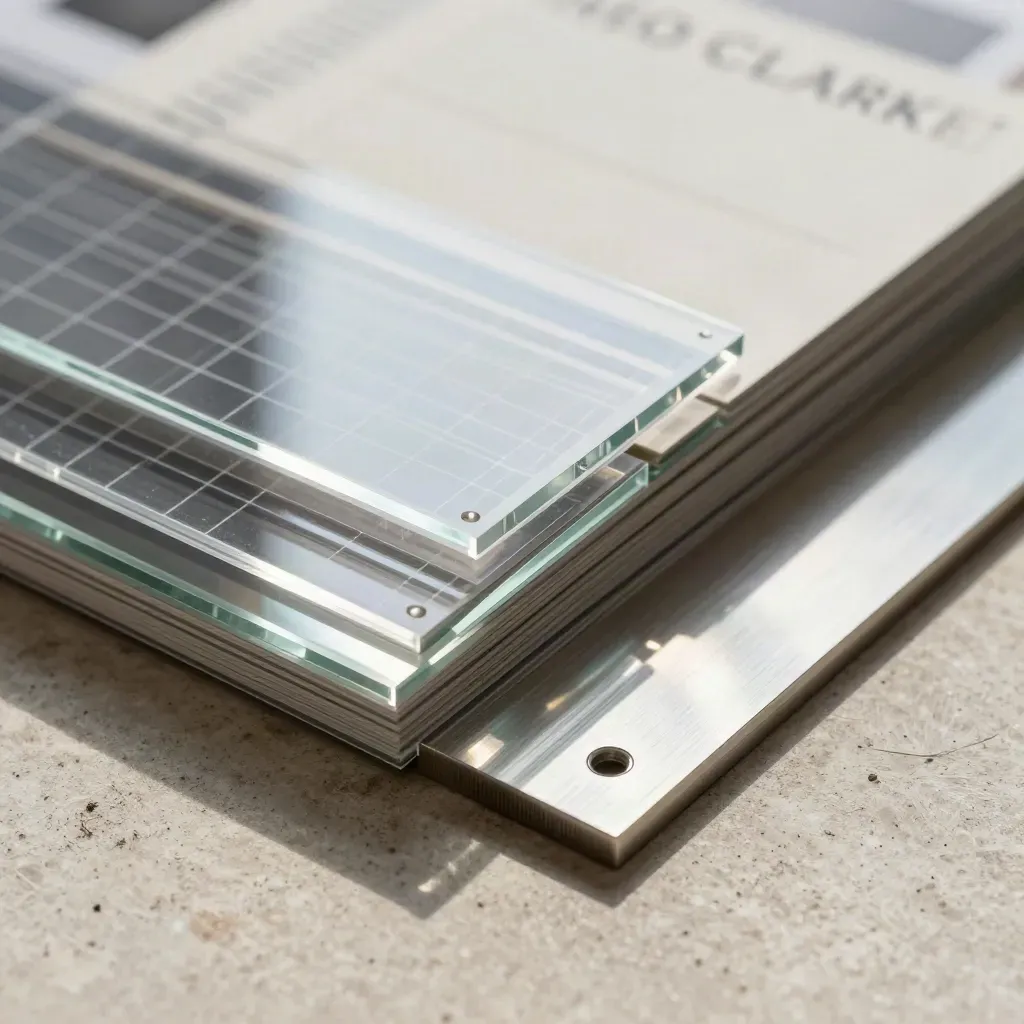 Macro of grid sheets, crop cards, acrylic blocks and a brushed metal spacer on stone.