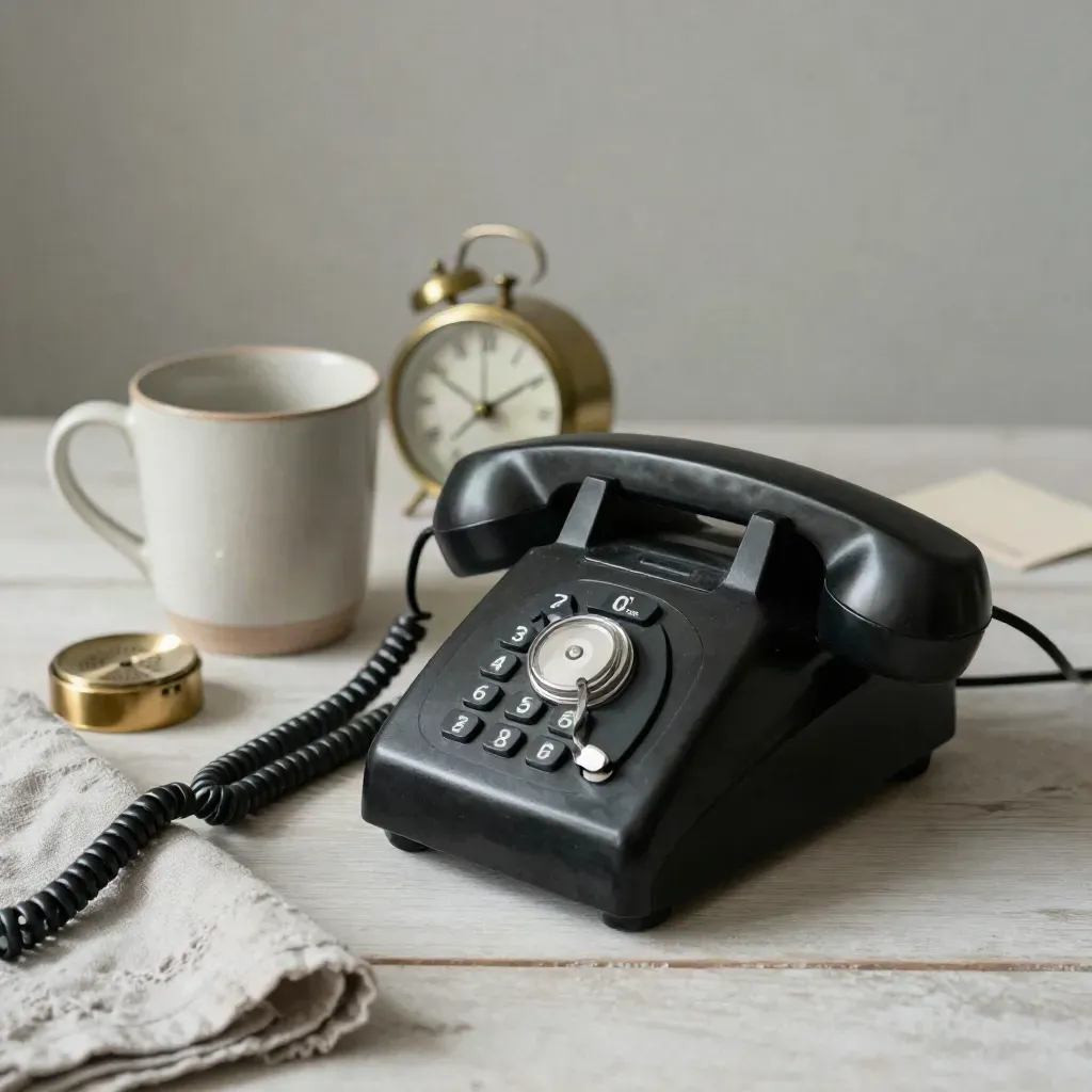Charcoal desk phone, mug, brass clock and speaker puck on pale wood in soft side light.