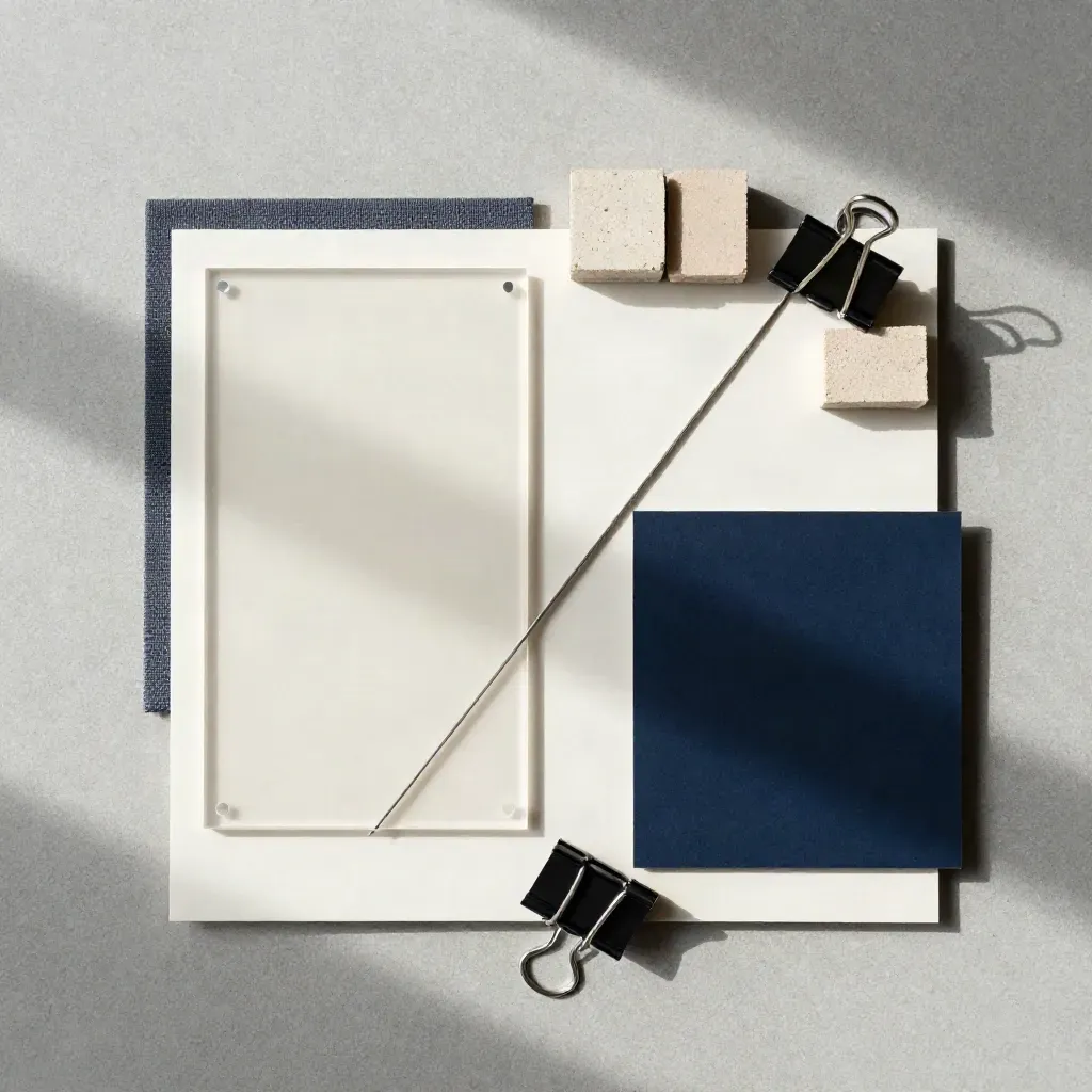 Overhead flatlay of swatches, fabric tabs, paper bricks and binder clips on concrete
