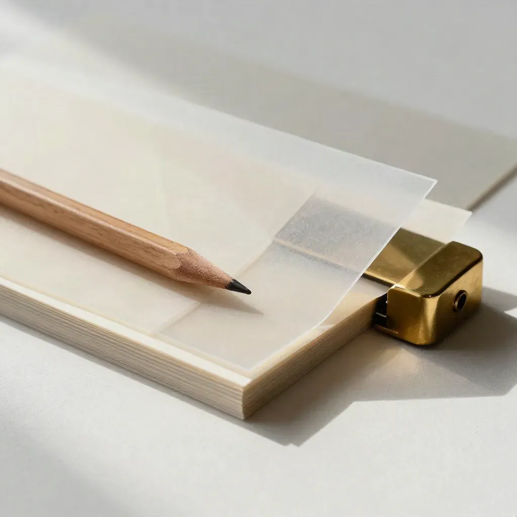 Vellum design drafts with a pencil stub and brass paperweight on a plaster sweep.