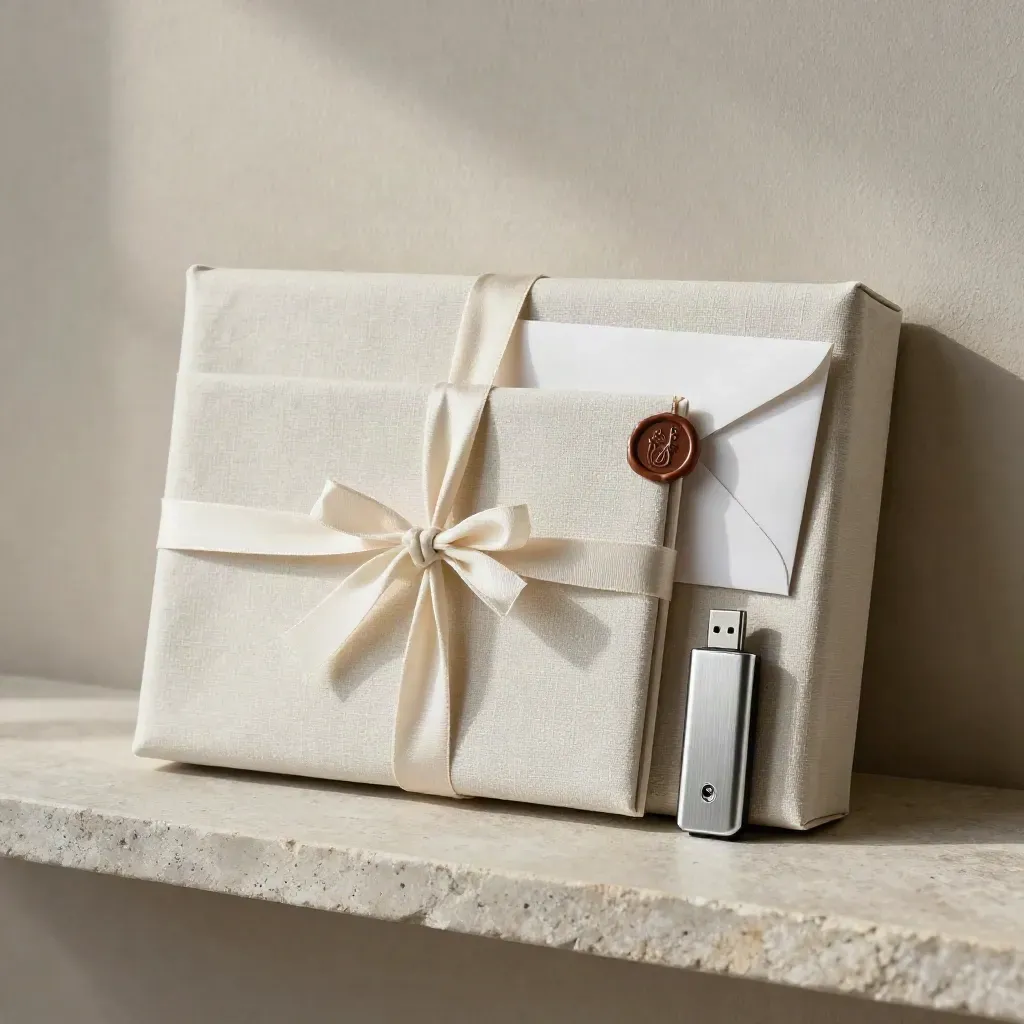 Ivory portfolio case with archival box, USB drive, and wax-sealed envelope on stone shelf