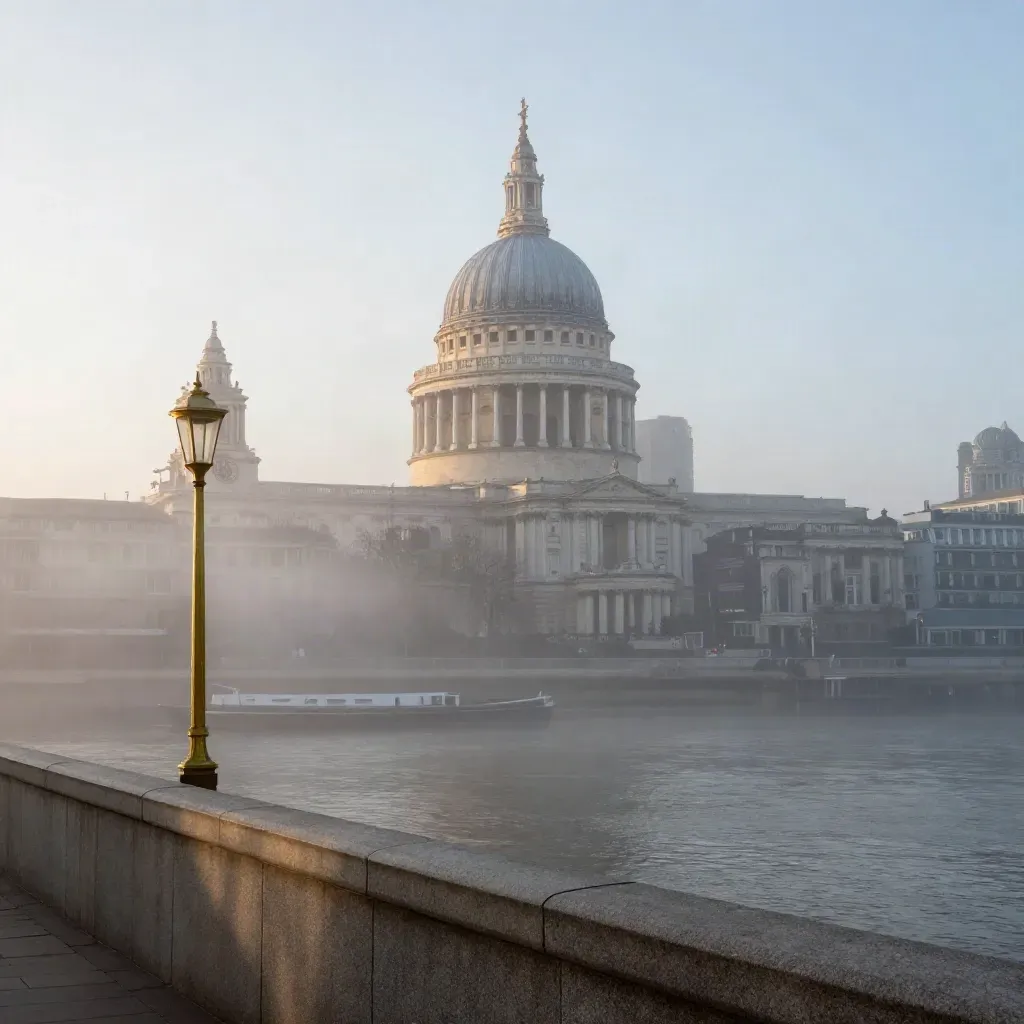 St Paul’s dome rises through Thames mist at sunrise
