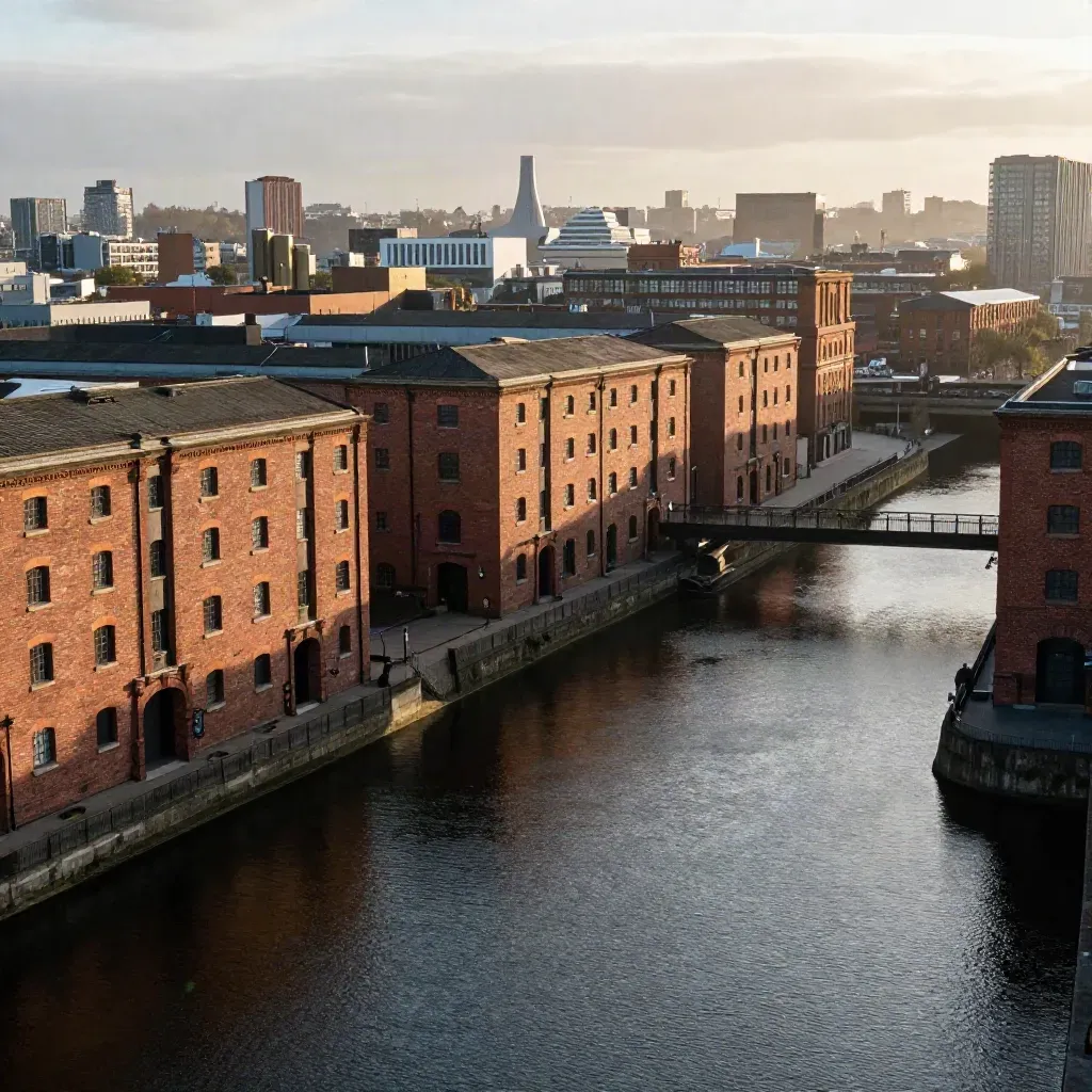 Golden-hour Castlefield warehouses and viaducts above a misty Manchester canal basin