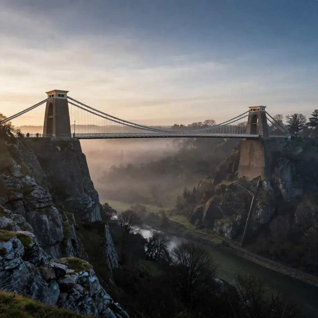 Clifton Suspension Bridge over foggy Avon Gorge at blue-hour sunset
