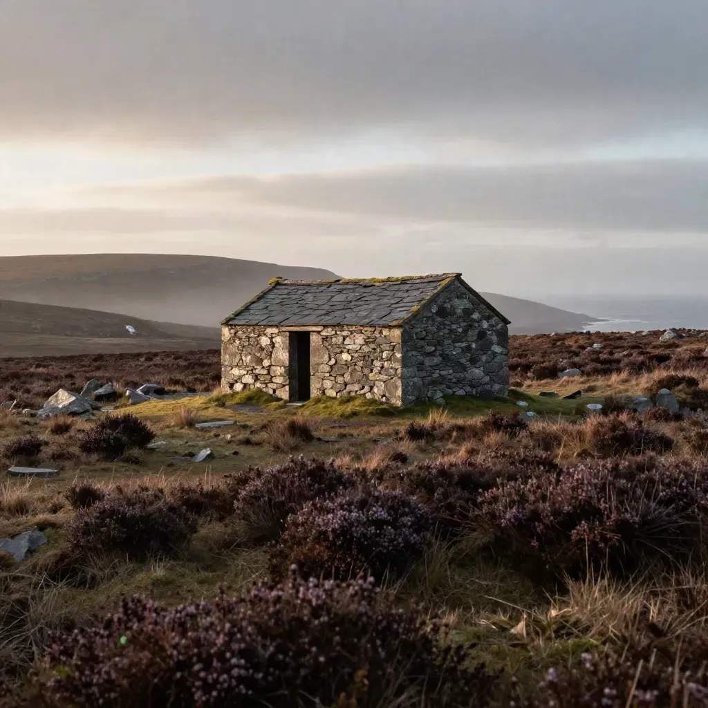 Slate moorland with a lone stone croft and mist-softened ridge under high cloud.
