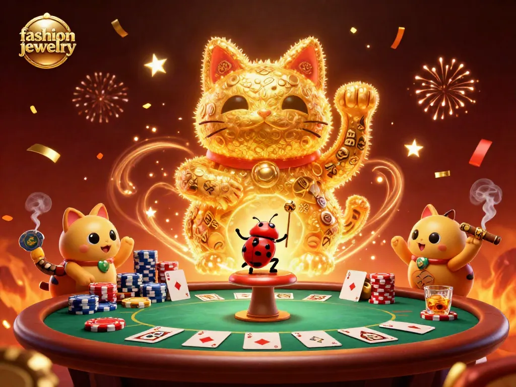 Fashion jewelry celebrates with vibrant casino symbols and a lucky cat in an engaging 3D scene.