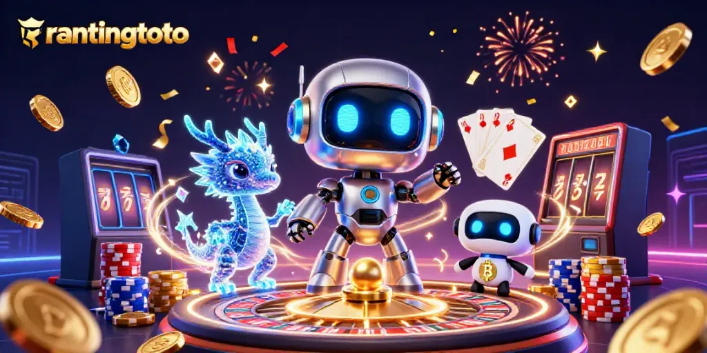Rantingtoto menghadirkan robot cyberpunk dan elemen kasino berkilau yang meriah.