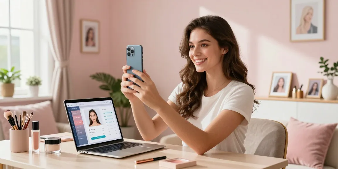 Woman enjoying an attractive test selfie in cozy home office space, showcasing beauty.
