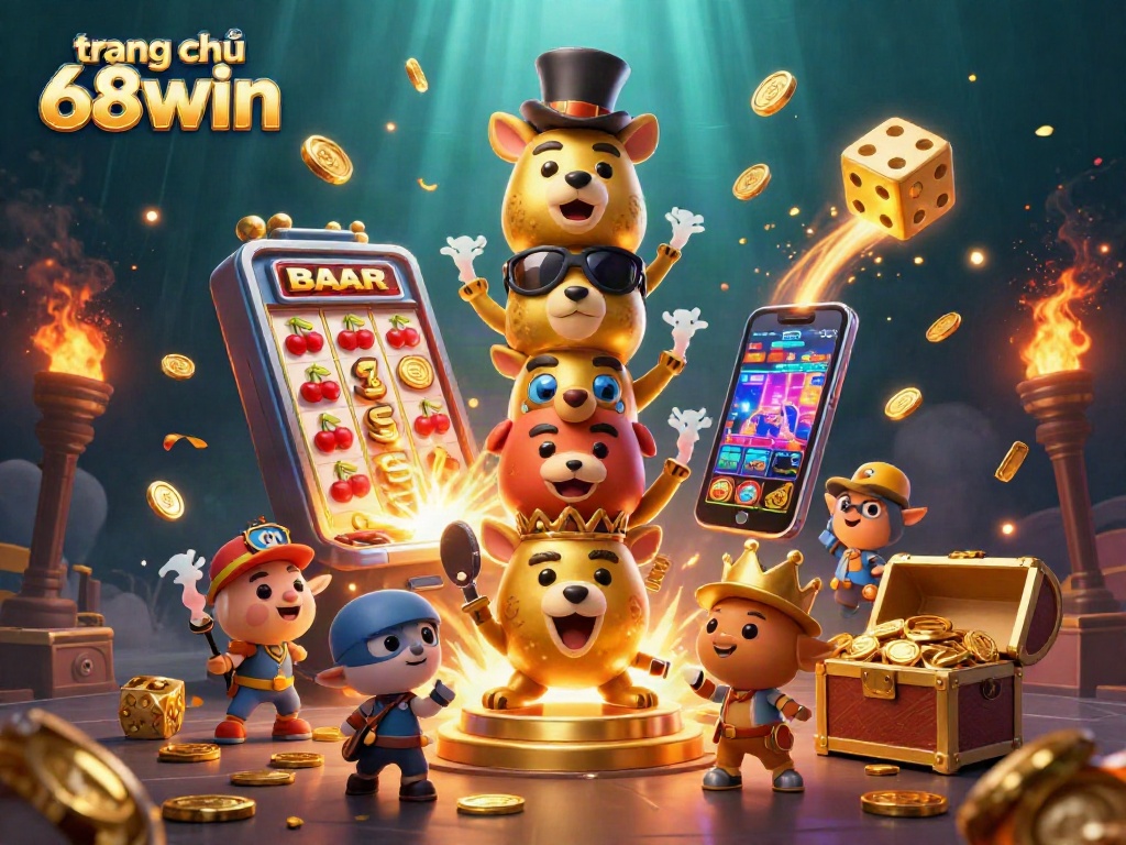 Experience the vibrant energy of trang chủ 68win with a lively casino-themed digital artwork featuring gaming elements.