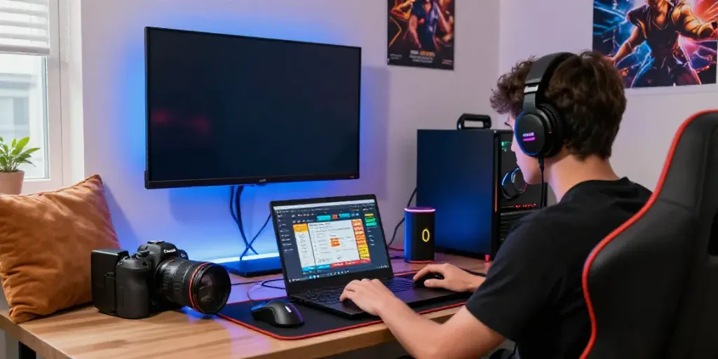 Engaged player enjoying Toto togel on a laptop surrounded by vibrant gaming gear.