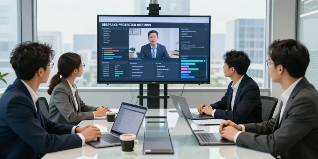 Dynamic team discussing deepfake-protected meetings in a modern conference room.