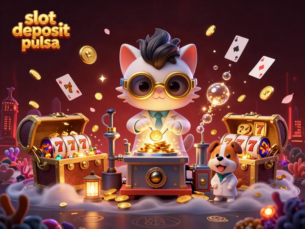 Engage in thrilling action with slot deposit pulsa - a vibrant scene of a mad scientist cat at work!