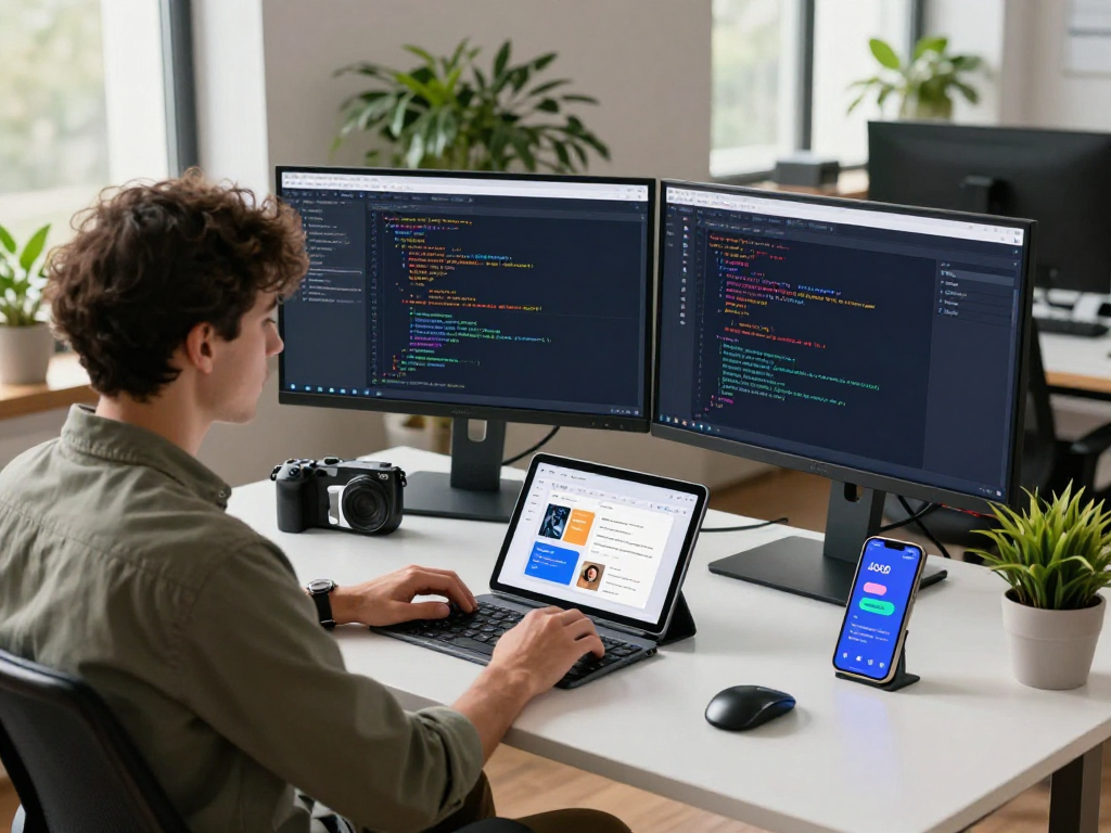 Professional workspace showcasing the best AI tools platform with developer coding and advanced tech setups.