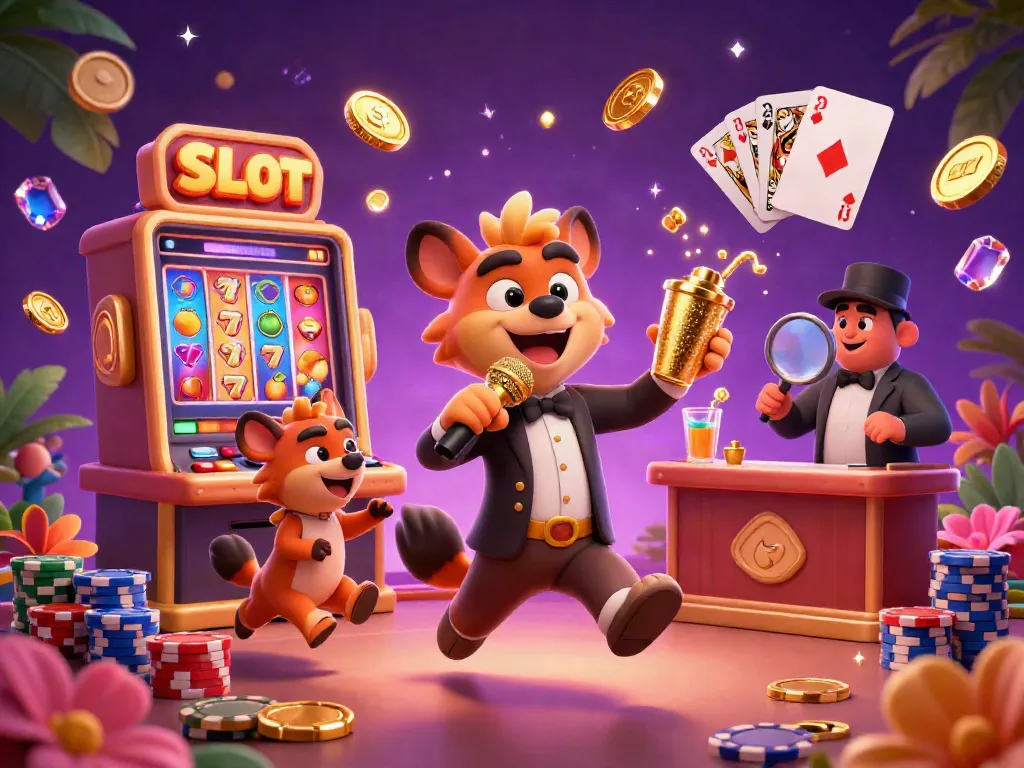 Enjoy Slot 88 action with lively hyenas in a vibrant casino scene full of gold coins and jackpot reels.