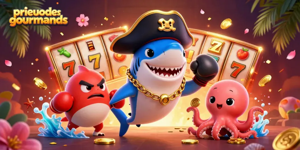 Engage with exciting games at prieuredesgourmands, featuring animated characters and slot symbols in a vibrant casino scene.