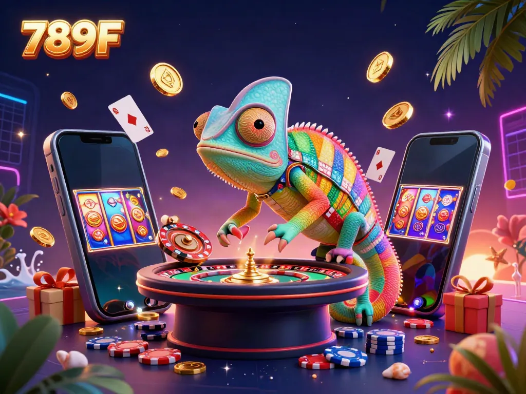 Experience thrilling gaming at 789F with a colorful depiction of a cartoon chameleon casino owner and vibrant game elements.