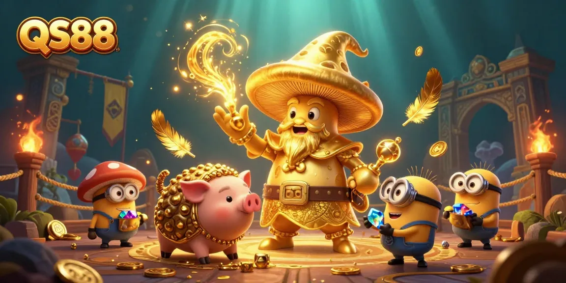 Experience the magic of QS88 in a vibrant casino-themed illustration featuring a golden mushroom wizard.