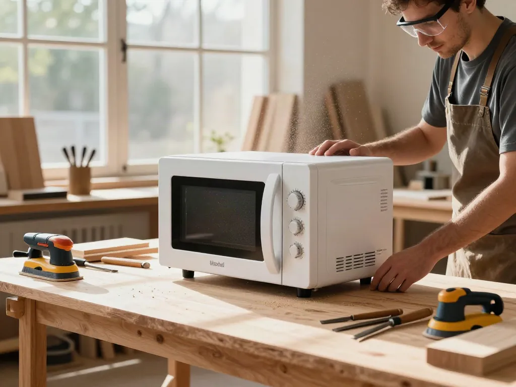 Shashel® microwave device treating wood in a modern woodworking workshop.