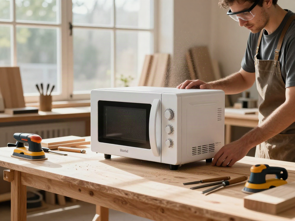 Shashel® microwave device treating wood in a modern woodworking workshop.