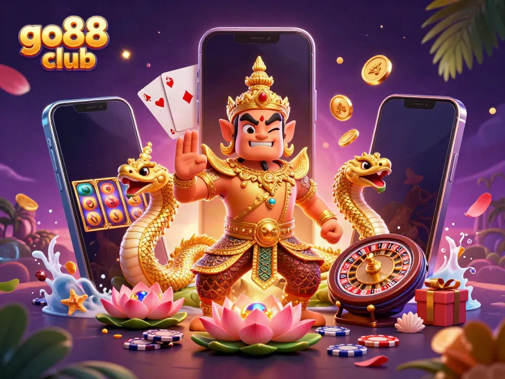 Engage in thrilling slots and games at go88 club with playful guardians and gold coins erupting.