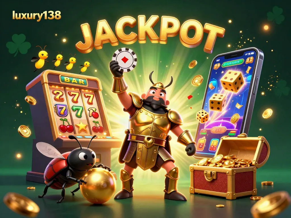 Experience thrilling gameplay with luxury138, featuring a victory beetle lifting a poker chip amidst jackpot celebrations.
