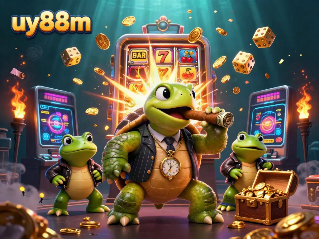 Engage with dynamic casino action at uy88m, featuring a turtle mobster and slot machine excitement.