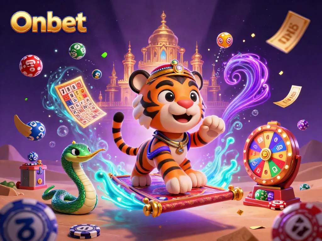 Experience thrilling wins at Onbet with vibrant lottery elements and a magic carpet scene.