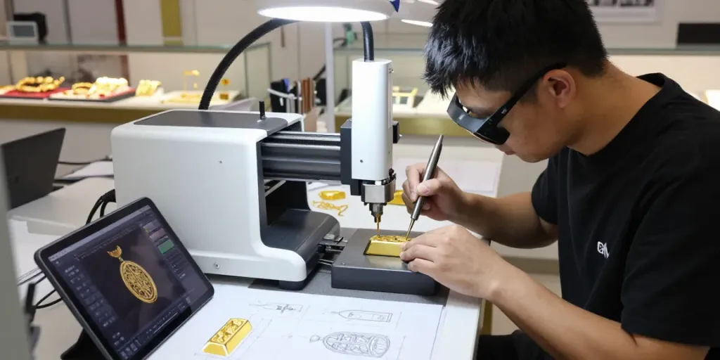 EMAS88 menciptakan desain perhiasan inovatif dengan teknologi laser presisi di workshop modern.