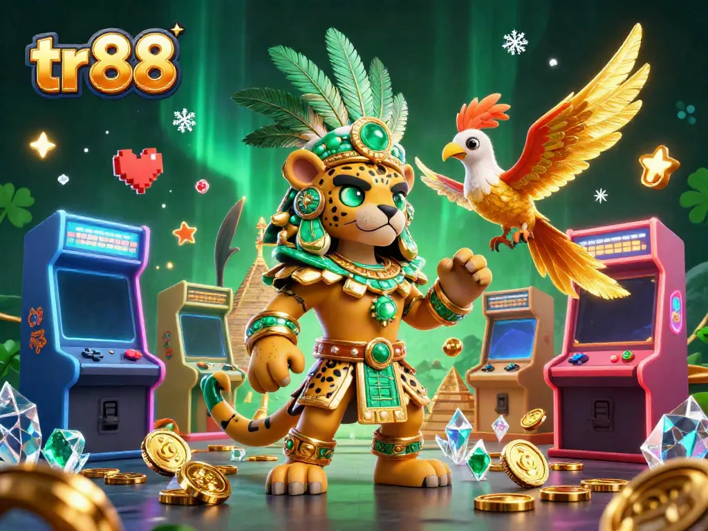 Engage in thrilling gameplay at tr88 with a vibrant 3D illustration showcasing a Mayan priest, arcade games, and casino elements.