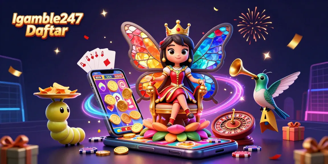 Igamble247 Daftar showcases a vibrant illustration of a butterfly queen amidst casino elements, highlighting winning opportunities.