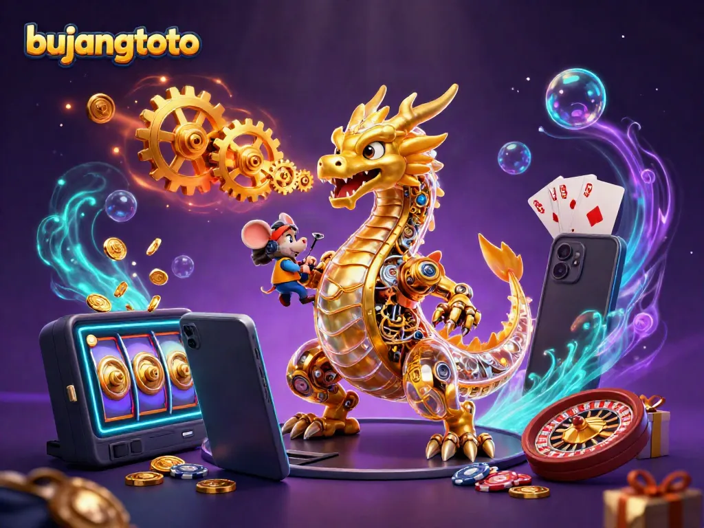 Engage with bujangtoto's vibrant 3D dragon scene filled with slots, cards, and casino elements.