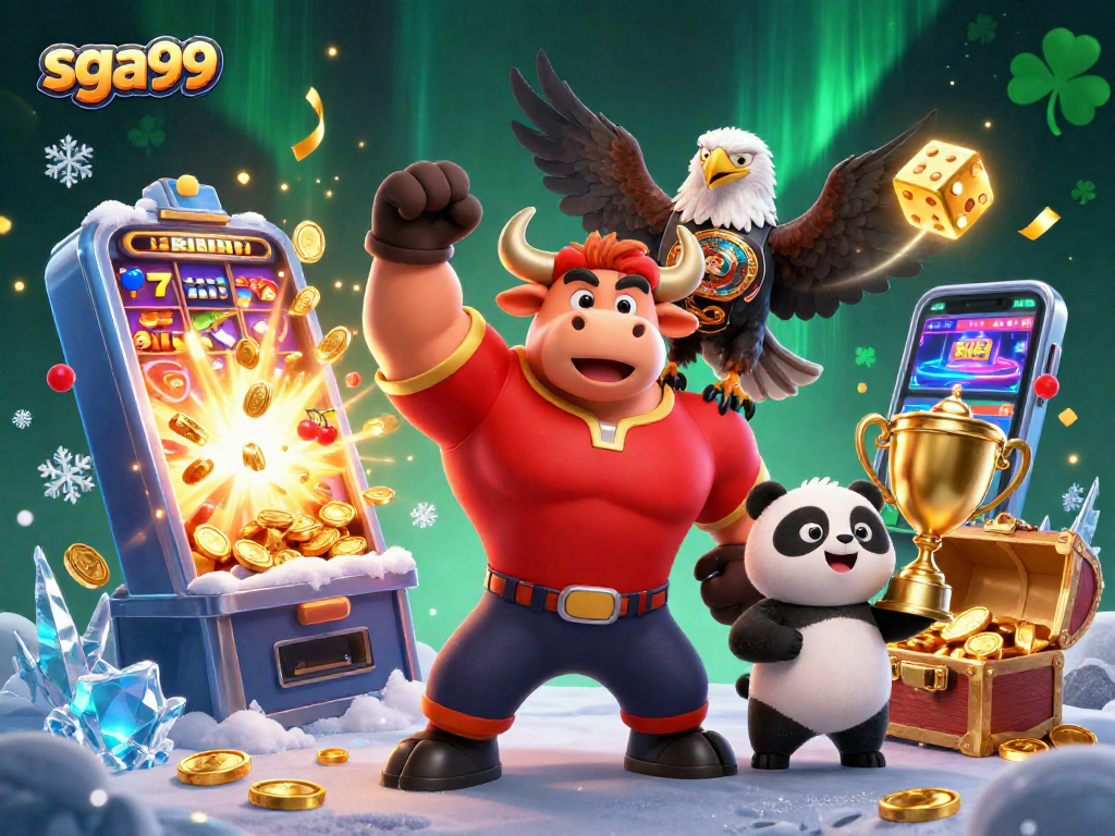 Experience winning at sga99 with a vibrant scene of celebration, featuring a bull, eagle, and panda.