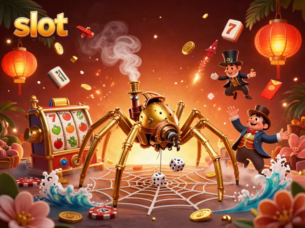 Menangkap keberuntungan di slot dengan ilustrasi 3D yang kaya elemen kasino.