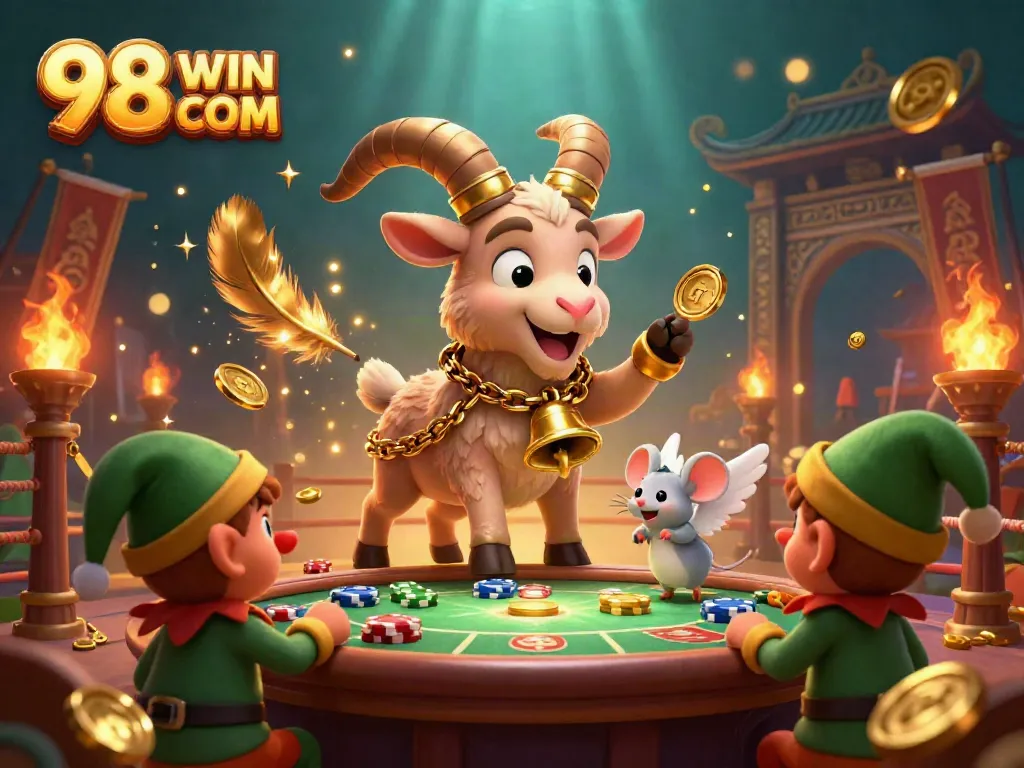Experience the thrill of 98 WIN COM with our casino-themed illustration, showcasing festive characters amidst vibrant casino elements.