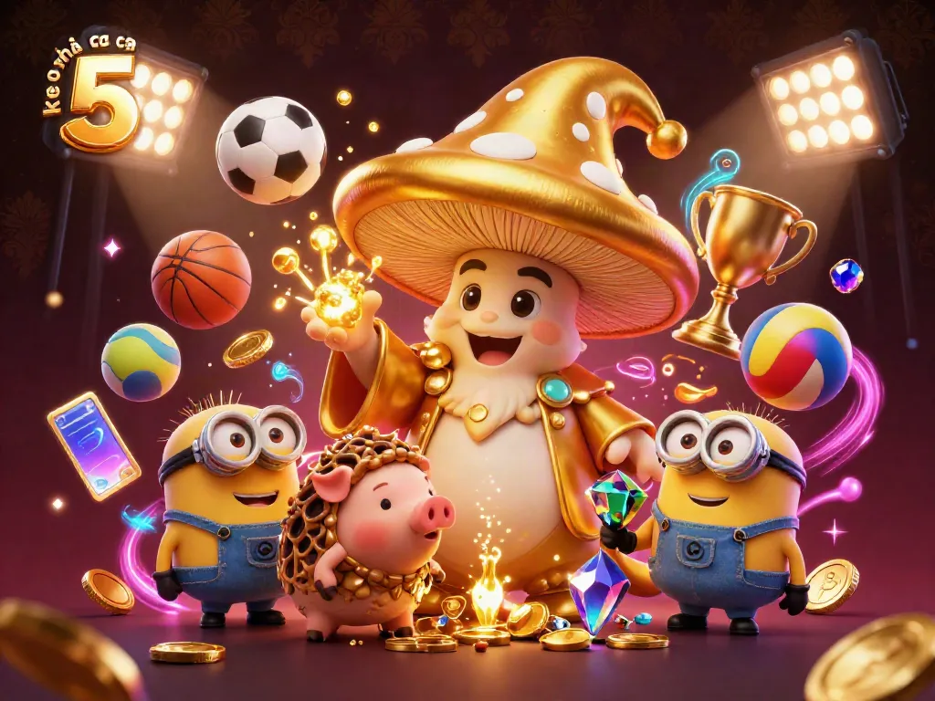 Experience the magic of the "keo nha cai 5" world with a golden mushroom wizard, treasure-hunting pig, and dynamic sports elements.