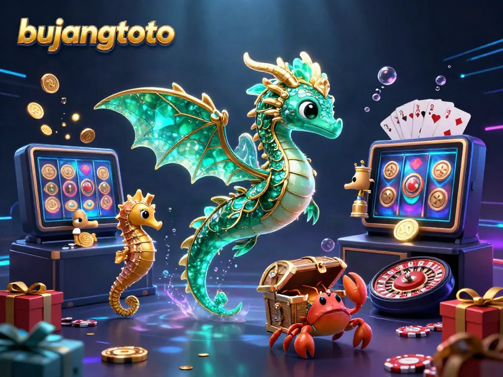 Experience the vibrant world of bujangtoto with a dazzling underwater scene featuring slot games and treasures.