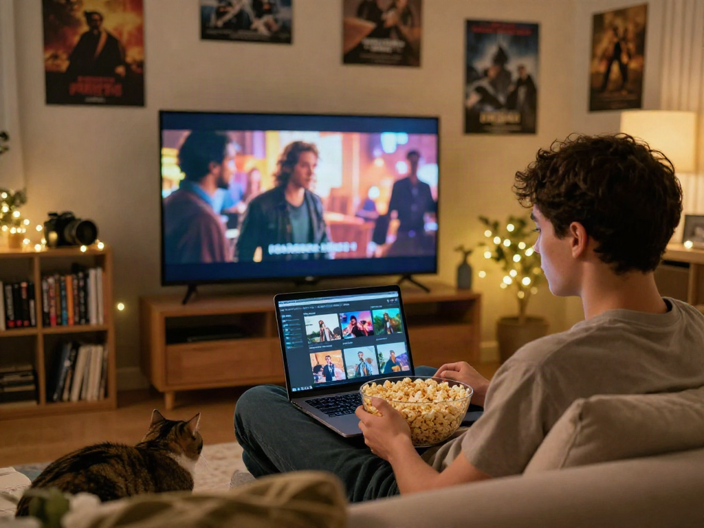 Enjoying a movie on Moviebox with popcorn in a cozy living room.