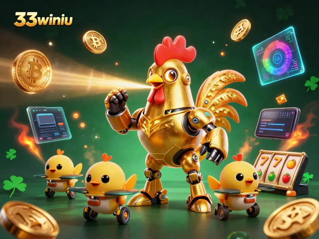 Experience the excitement of 33winiu with a golden rooster robot and crypto-themed casino elements